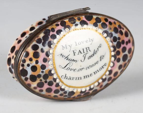 TooveysAn 18th century South Staffordshire enamel oval snuff box, decorated