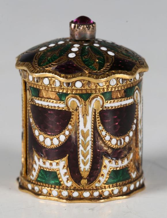 TooveysA fine 19th century gold, varicoloured enamelled and ruby set novelt