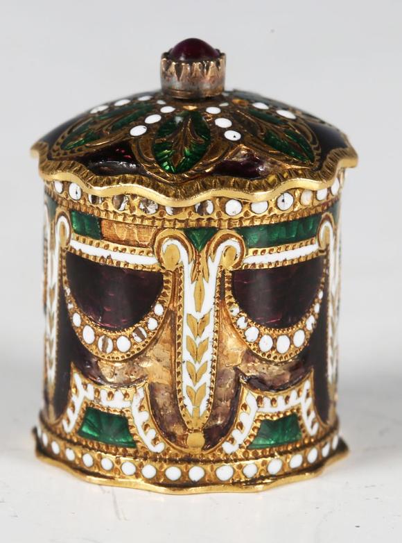 TooveysA fine 19th century gold, varicoloured enamelled and ruby set novelt