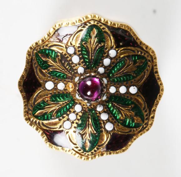 TooveysA fine 19th century gold, varicoloured enamelled and ruby set novelt