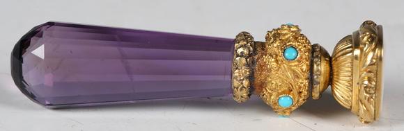 TooveysAn early 19th century gold mounted, amethyst, turquoise and chalcedo