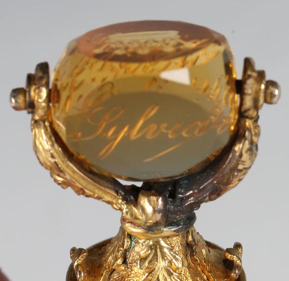 TooveysA 19th century gold mounted citrine triple-sided rotating seal, engr