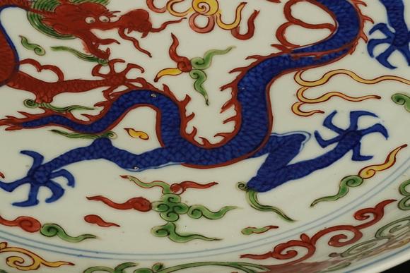 京都祇園會拍賣明 大明萬歷年制 五彩雙龍盤 日本桐箱附 本物保證