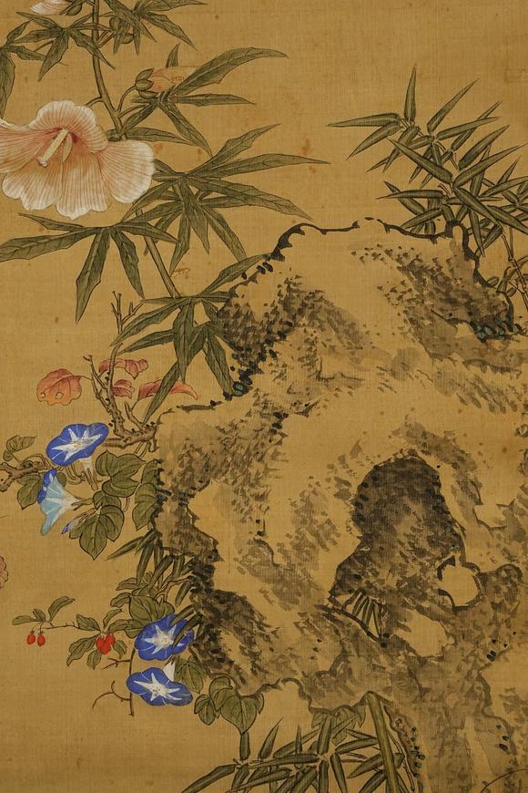 京都祇園會拍賣沈銓 朝顔に子貓図 絹本掛軸 日本桐箱附 日本古裂裝裱 鷹見遊山舊藏 出版著錄附