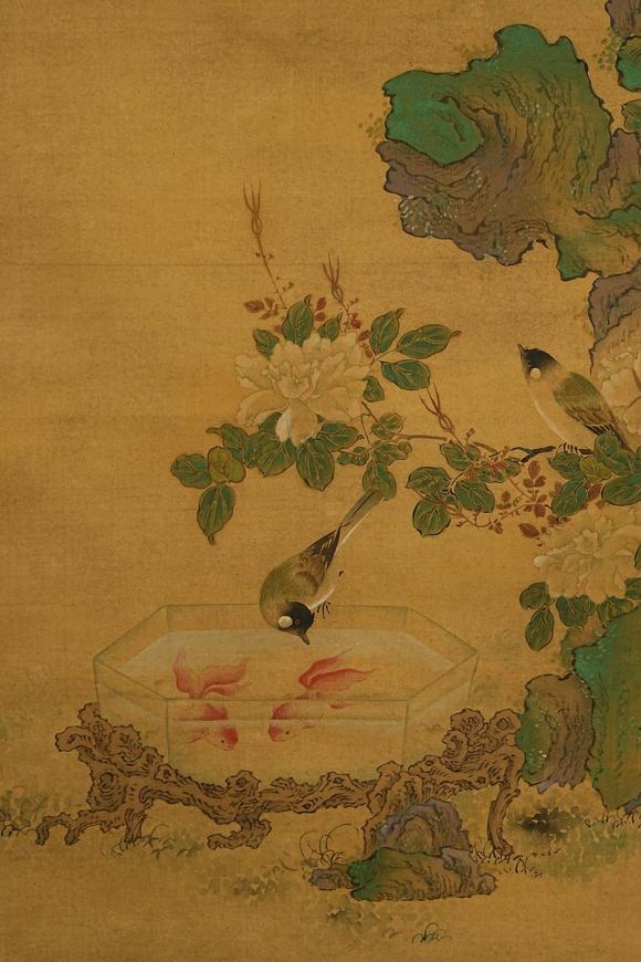 京都祇園會拍賣沈銓 花鳥圖 絹本掛軸 日本朱漆手書箱附 日本古裂裝裱 鷹見游山舊藏 出版著錄附