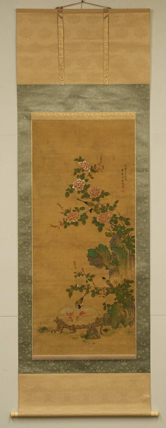京都祇園會拍賣沈銓 花鳥圖 絹本掛軸 日本朱漆手書箱附 日本古裂裝裱 鷹見游山舊藏 出版著錄附