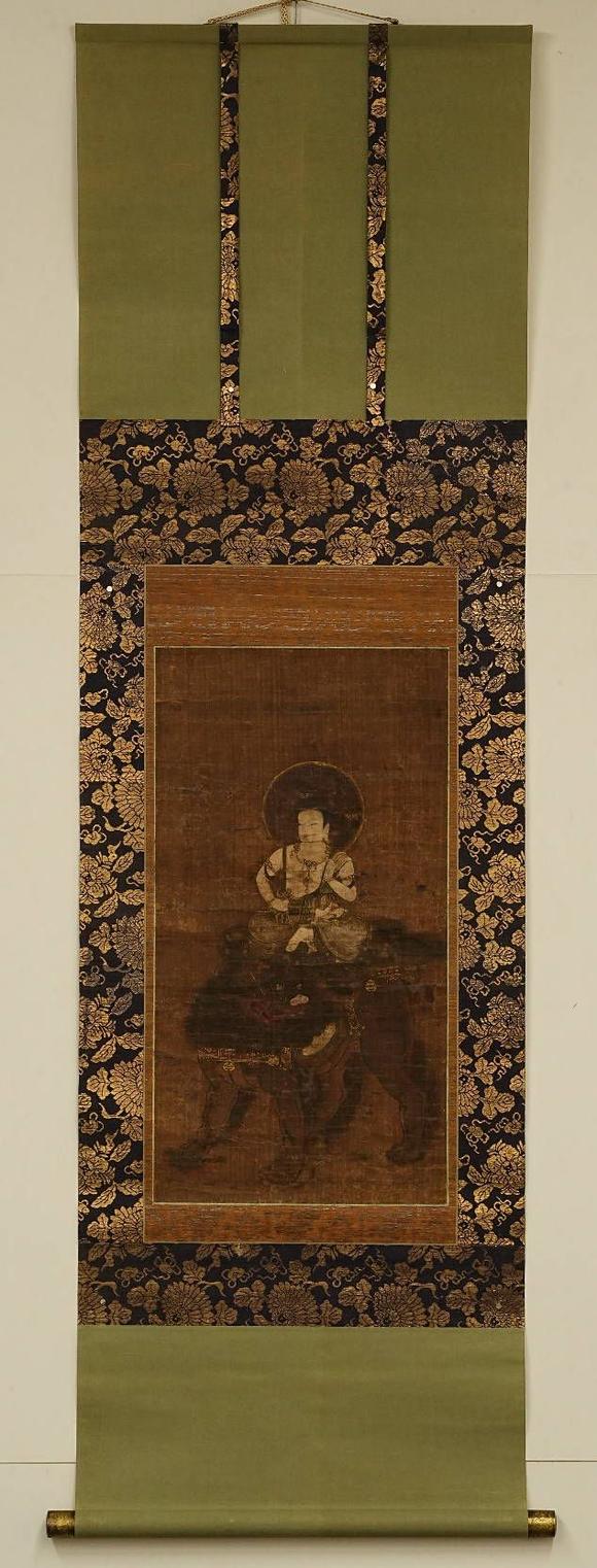 京都祇園會拍賣鐮倉時(shí)代 文殊菩薩 絹本掛軸 日本桐箱附 日本古裂裝裱 鷹見遊山舊藏 出版著錄附