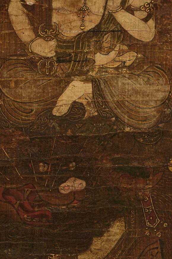 京都祇園會拍賣鐮倉時(shí)代 文殊菩薩 絹本掛軸 日本桐箱附 日本古裂裝裱 鷹見遊山舊藏 出版著錄附