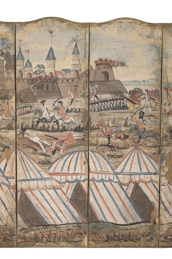 DreweattsA CONTINENTAL POLYCHROME PAINTED SEVEN FOLD ROOM SCREEN OF A BATTLEGROUND, 18TH CENTURY