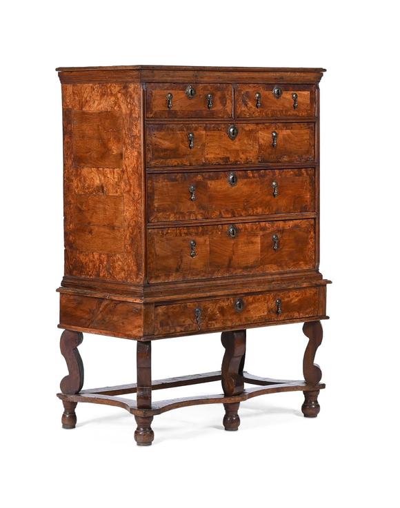 DreweattsA WILLIAM & MARY BURR YEW, ELM AND BURR ELM CABINET ON STAND, CIRCA 1690