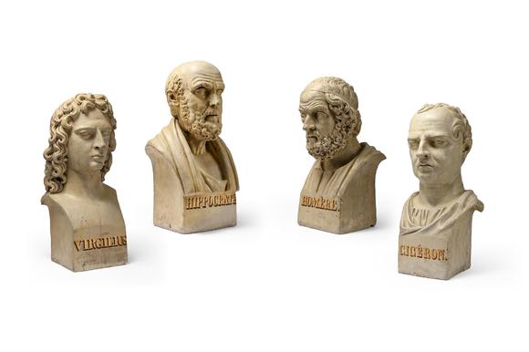 DreweattsA SET OF FOUR LARGE TERRACOTTA LIBRARY BUSTS OF HIPPOCRATES, HOMER, VIRGIL AND CICERO