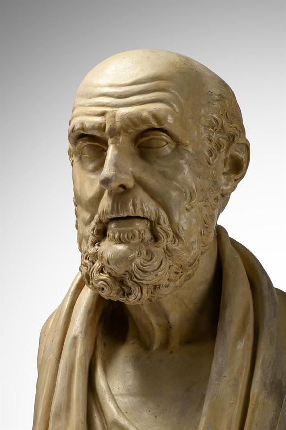 DreweattsA SET OF FOUR LARGE TERRACOTTA LIBRARY BUSTS OF HIPPOCRATES, HOMER, VIRGIL AND CICERO