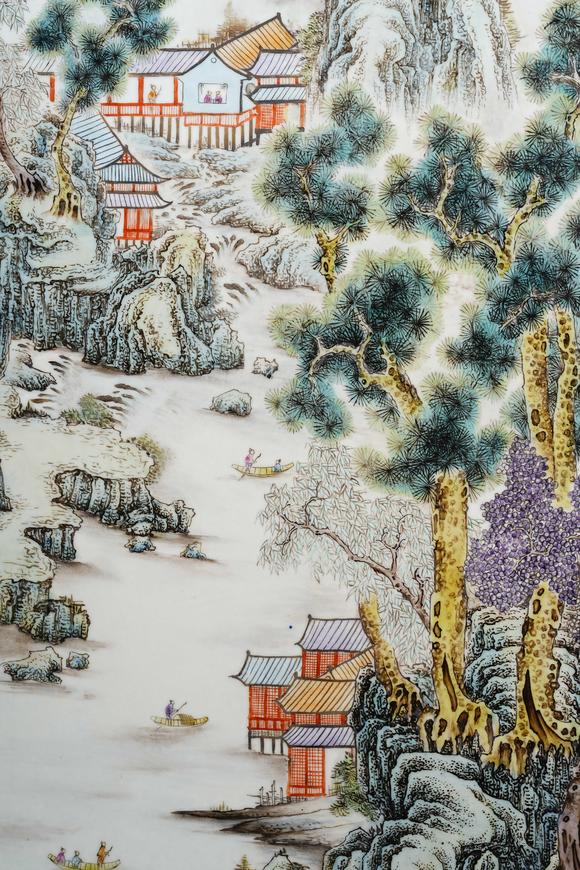 日本東海名古屋汪野亭作山水瓷板畫