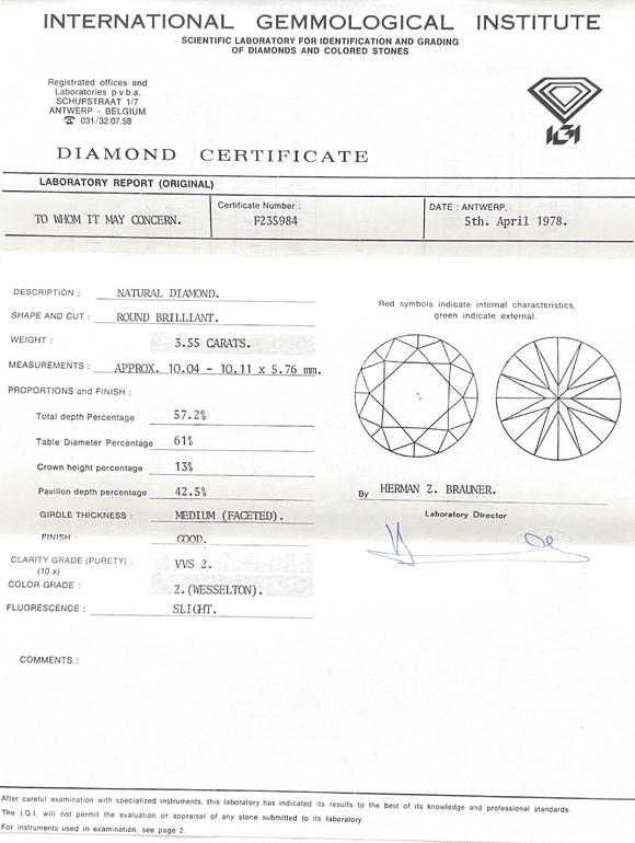 Piguet - H?tel des VentesUn diamant taille brillant sur papier de 3.55 carats, VVS2, Top Wesselton, rapport IGI