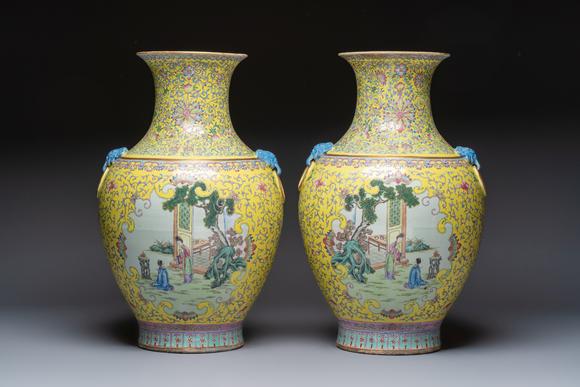 Rob Michiels AuctionsA pair of large Chinese famille rose yellow-ground 'Hu' vases with narrative design, Qianlong mark, Republic