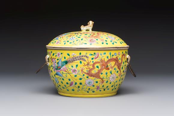 Rob Michiels AuctionsA pair of Chinese famille rose yellow-ground 'Dragon and Phoenix' covered warming bowls and a bowl, Tongzhi marks, 19th C.