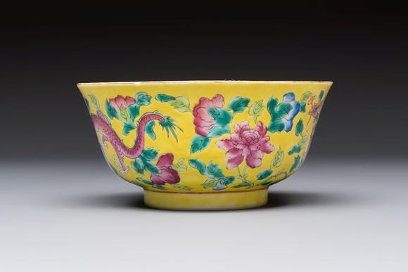 Rob Michiels AuctionsA pair of Chinese famille rose yellow-ground 'Dragon and Phoenix' covered warming bowls and a bowl, Tongzhi marks, 19th C.