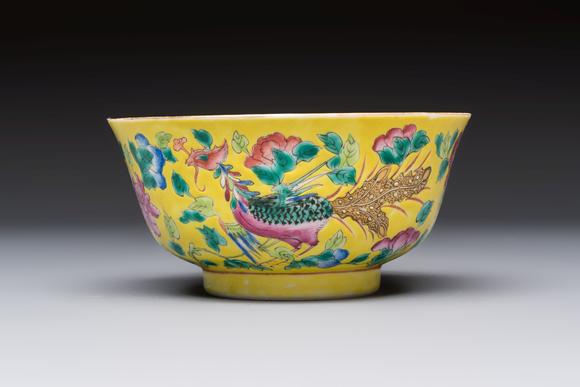 Rob Michiels AuctionsA pair of Chinese famille rose yellow-ground 'Dragon and Phoenix' covered warming bowls and a bowl, Tongzhi marks, 19th C.
