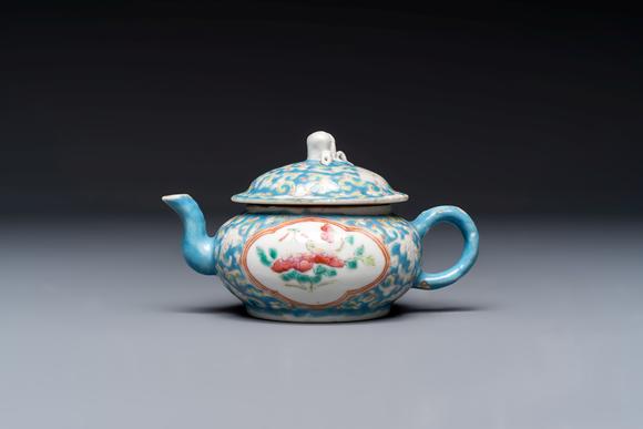 Rob Michiels AuctionsThree Chinese famille rose blue- and yellow-ground teapots and covers for the Straits or Peranakan market, Tongzhi marks, 19th C.