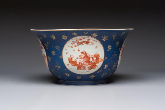 Rob Michiels AuctionsA large Chinese iron-red and gilt-decorated powder-blue-ground bowl with narrative design, 19th C.