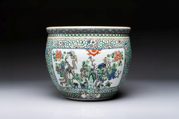 Rob Michiels AuctionsA Chinese famille verte 'Phoenixes and Mountainous Landscape' fish bowl or jardinière, 19th C.