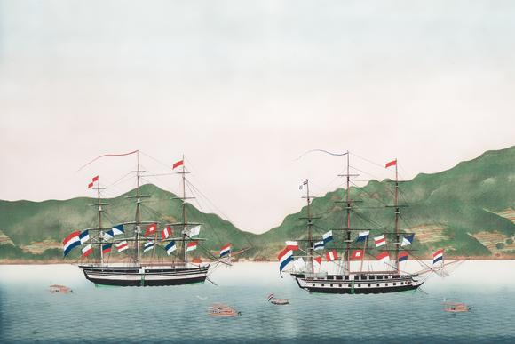 Rob Michiels AuctionsKawahara Keiga 川原慶賀 (Japan, 1786-1860): 'Two Dutch Vessels Anchored off Nagasaki Bay', gouache on silk, seal mark, 19th C.