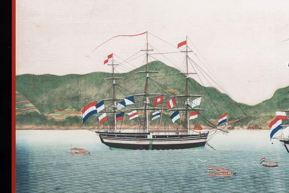 Rob Michiels AuctionsKawahara Keiga 川原慶賀 (Japan, 1786-1860): 'Two Dutch Vessels Anchored off Nagasaki Bay', gouache on silk, seal mark, 19th C.