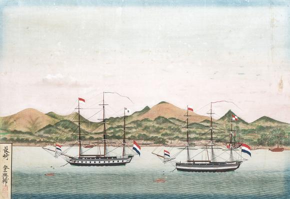 Rob Michiels AuctionsKawahara Keiga 川原慶賀 (Japan, 1786-1860): 'Two Dutch Vessels Anchored off Deshima Harbour', gouache on silk, seal mark, 19th C.