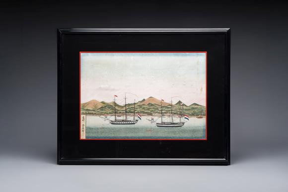Rob Michiels AuctionsKawahara Keiga 川原慶賀 (Japan, 1786-1860): 'Two Dutch Vessels Anchored off Deshima Harbour', gouache on silk, seal mark, 19th C.