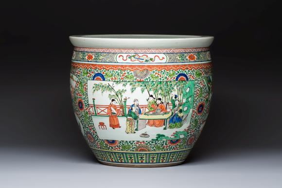Rob Michiels AuctionsA Chinese famille verte 'Zhu Lin Qi Xian 竹林七賢' and 'Xi Xiang Ji' fish bowl or jardinière, 19th C.