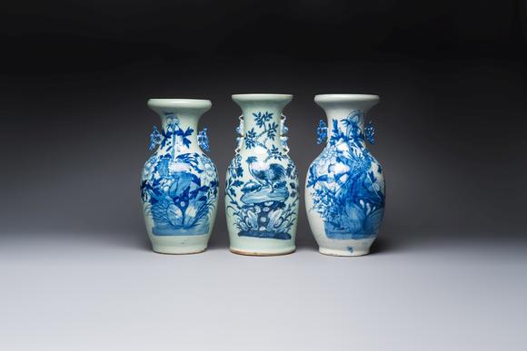 Rob Michiels AuctionsTwo Chinese blue and white celadon-ground vases and a blue and white vase, on wooden stands, 19th C.