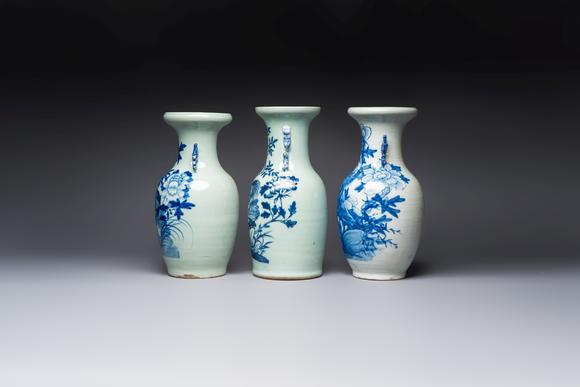 Rob Michiels AuctionsTwo Chinese blue and white celadon-ground vases and a blue and white vase, on wooden stands, 19th C.