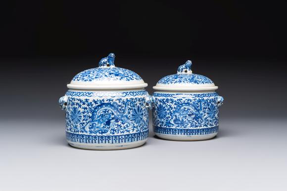Rob Michiels AuctionsTwo Chinese blue and white 'Chilong' covered warming bowls, Guangxu mark and of the period