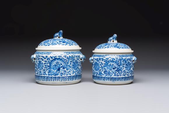 Rob Michiels AuctionsTwo Chinese blue and white 'Chilong' covered warming bowls, Guangxu mark and of the period