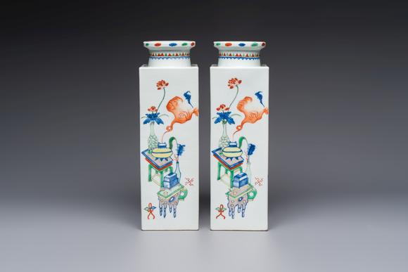 Rob Michiels AuctionsA pair of Chinese famille verte 'Antiquities' square vases, 19th C.