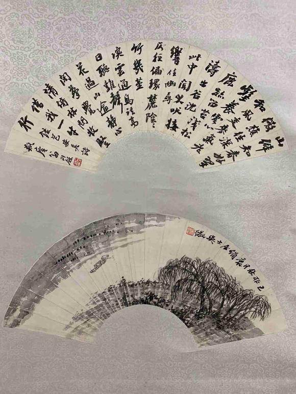 日本松町古美吳徵 翁同和 山水書法扇面雙挖
