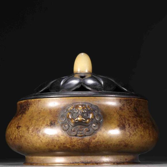 日本松町古美明 宣德款銅制雙獅耳香薰?fàn)t