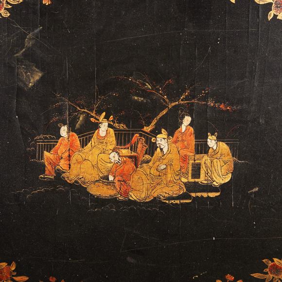 東京銀座（古美術(shù)宋磁）宋 黑漆花口人物故事圖大盤