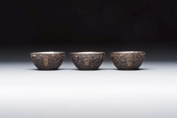 Rob Michiels AuctionsA group of 12 Chinese silver-lined coconut 'Shou 壽' bowls and cups, Wang Hengxin 王恆馨 marks, 19/20th C.