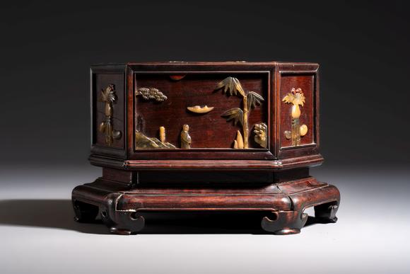 Rob Michiels AuctionsA Chinese soapstone-embellished hongmu 'Antiquities' box and cover, 19th C.