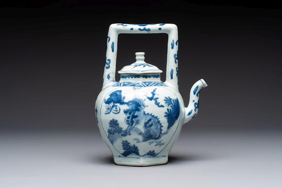 Rob Michiels AuctionsA Chinese blue and white 'Mythical Beasts' wine pot and cover, Transitional period