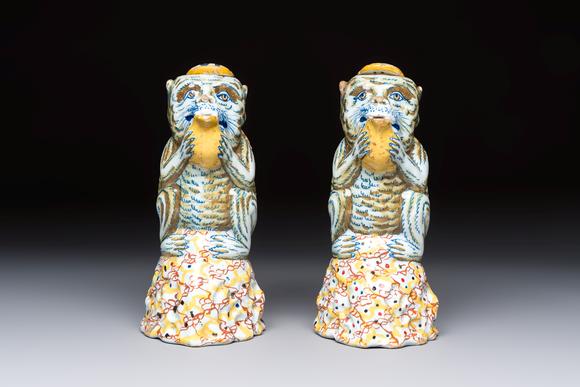 Rob Michiels AuctionsA pair of polychrome Dutch Delft monkey ewers and covers, 18th C.