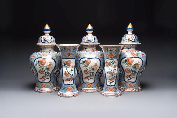 Rob Michiels AuctionsAn exceptional polychrome Dutch Delft five-piece garniture in Chinese Kangxi style, first quarter 18th C.