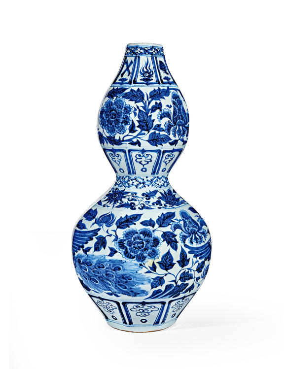 中古陶元 青花孔雀牡丹紋八方葫蘆瓶