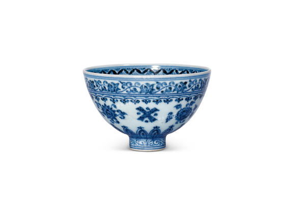 中古陶明永樂  青花蘇麻離青料纏枝花卉小雞心碗