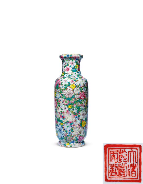 中古陶民國 粉彩百花不落地棒槌瓶