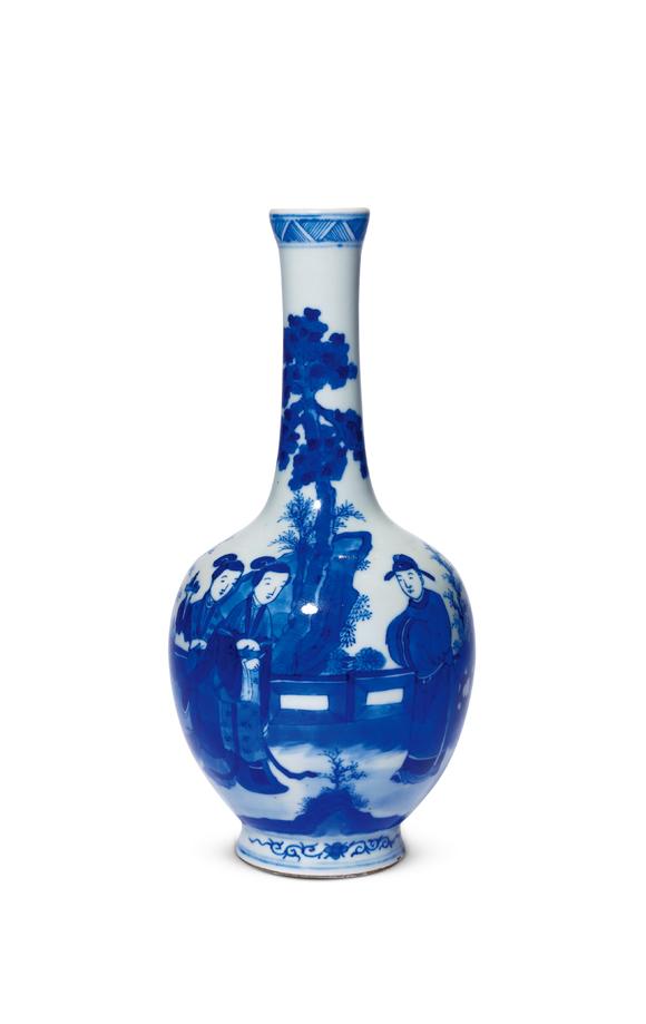 中古陶清道光 青花西廂記圖長頸瓶