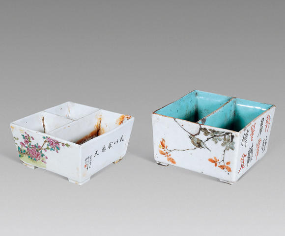 南京十竹齋粉彩花卉紋畫隔碟 淺絳花鳥紋畫隔碟兩件