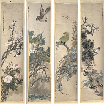 十九世紀(jì)「朱夢(mèng)盧」畫 花鳥図 四屏