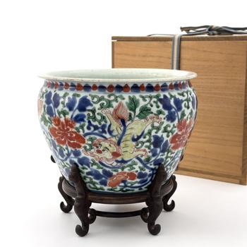 清初 五彩 獅子図 缸